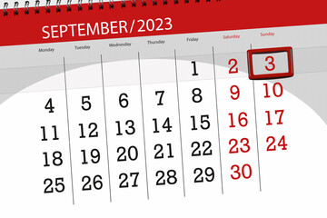 Calendar 2023, deadline, day, month, page, organizer, date, September, sunday, number 3