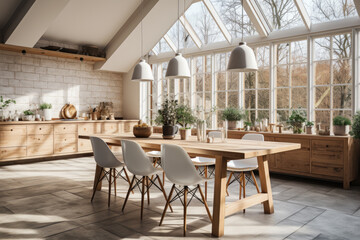 Rustic Scandinavian style dining room with stucco on the walls, wooden table and chairs by the windows. Generative AI