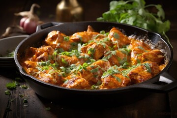 sizzling butter chicken in a cast-iron skillet