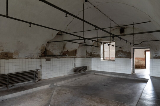Bathroom with showers in the Small Fortress, which served as a Prague Gestapo prison for opponents of the Nazi regime in 1940&mdash;1945. Terezin Memorial