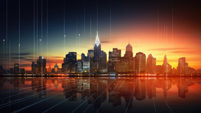 Stock index data on urban skyline twilight background representing successful investment in property development