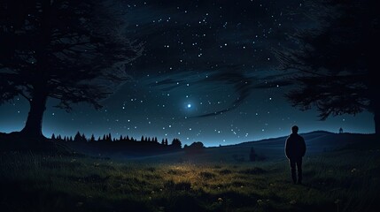 Naklejka na ściany i meble Moonlit night with stars and glass lawn silhouettes