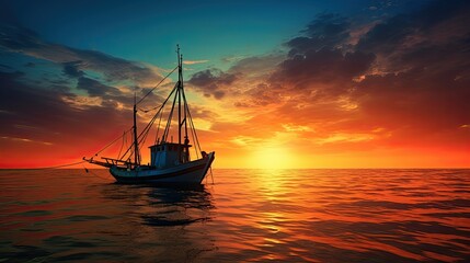 Obraz premium Scenic moment small fishing ship at sunset sailing amidst clouds