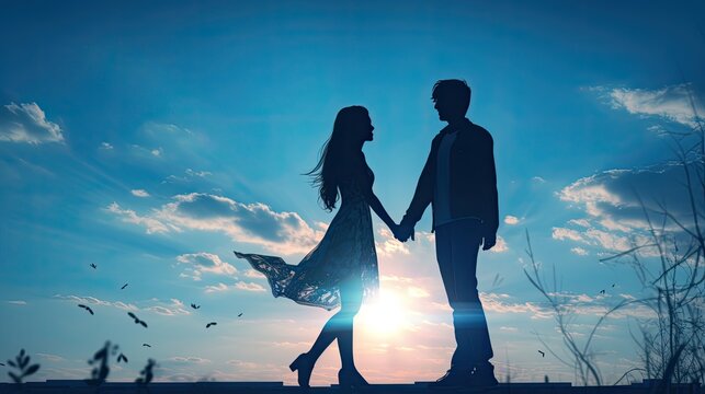 A couple s silhouette of a young pair holding hands against a blue sky backdrop