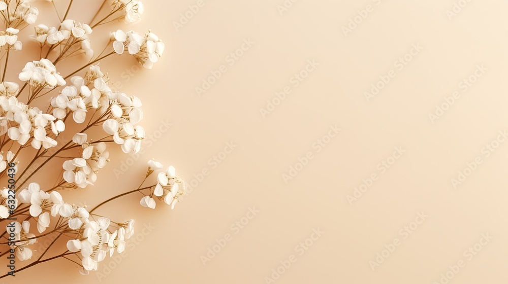Poster Flat beige Gypsophila flower template for text message Minimalist horizontal long background