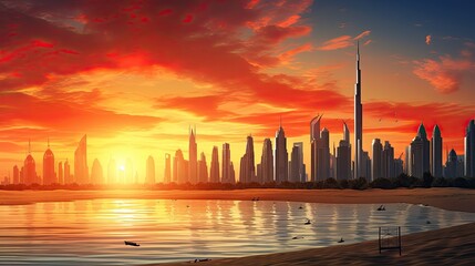 Fototapeta na wymiar In the United Arab Emirates the captivating city of Dubai showcases a remarkable city center skyline and renowned Jumeirah beach during sunset