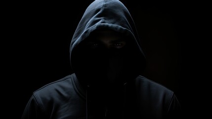 Silent figure in hood on dark backdrop concealed face symbolizing criminality mystery secrecy and anonymity - obrazy, fototapety, plakaty
