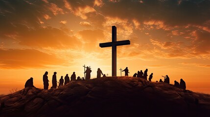 Crosses on hill at sunset symbolizing Jesus crucifixion - obrazy, fototapety, plakaty