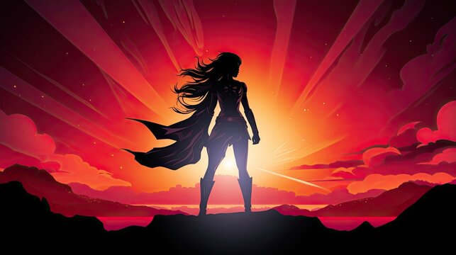 Female superhero depicted in a vector illustration against a sunrise background