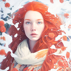 Portrait of red hair girl with falling snow flakes, serene snowing Christmas, white and ginger coat and scarf at winter day. Generative AI.
