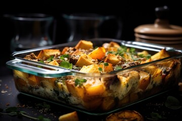 close-up of freshly baked casserole in a glass dish