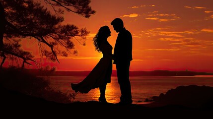 Loving pair against sunset backdrop