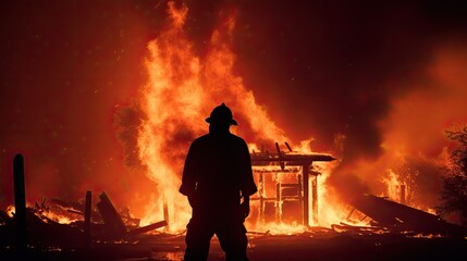 Silhouette of firefighter in front of blazing house