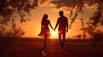 Couples enjoy nature walk relax and fall in love during romantic meetings at sunset