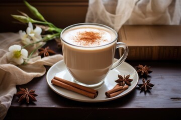 steaming chai latte in a cozy mug, book in background