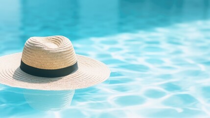 Fototapeta na wymiar Minimal aesthetic summer vacation concept background Sunglasses and a straw hat by a marble swimming pool with clear blue water waves sunlight and shadow reflections