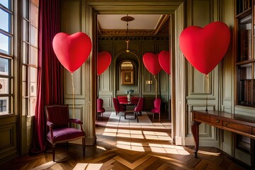 interior of a room, Beyond the open door of an old mansion lies a lavish room adorned with heart-shaped balloons