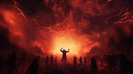 Religiously intense scene fiery sky final judgment eternal damnation fearful figures - obrazy, fototapety, plakaty