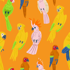 Cute tropical birds on orange. Parrots and toucan sitting on branches. Seamless tropical pattern background. Vector illustration