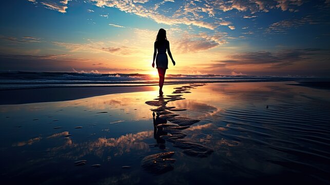 Reflective image of girl walking by the shore