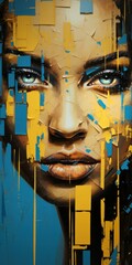 Vibrant Urban Art Portrait of a Woman with Yellow Face and Blue Tones AI Generated