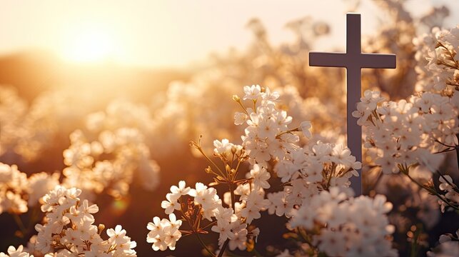 Spring blossoms forest sunset and Christian cross