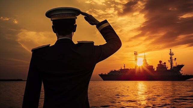 Captain silhouetted against sunset in a digital composite