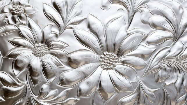 Pattern embossed metal aluminium texture background. Interior wall decoration abstract floral glass embossed flowers pattern.