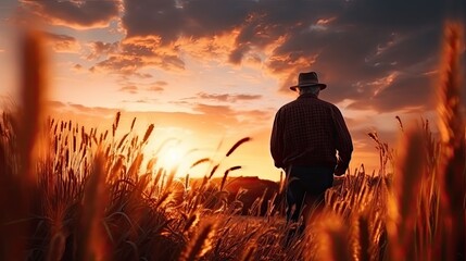 Elderly man observing sunset Tall reeds Beautiful cirrus clouds Sunrays on shoulders Serene people idea