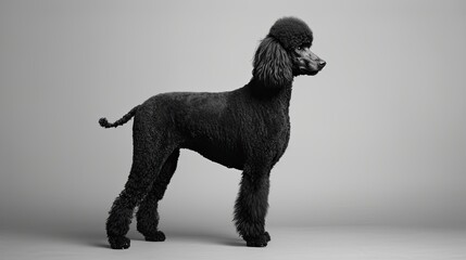 Black poodle photographed indoors on a gray surface