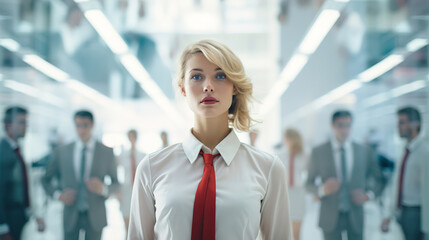 Abuse, harassment at work concept. Portrait of an insecure beautiful blond woman in office in crowd of men, confused secretary wearing white blouse and red tie at work - obrazy, fototapety, plakaty