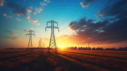 Sunset scene with high voltage power line in field