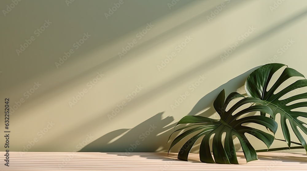 Poster minimal summer concept with monstera palm leaf and shadow on a white table against a beige wall back