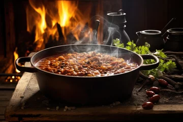 Keuken spatwand met foto steamy pot of chili on rustic stovetop © altitudevisual