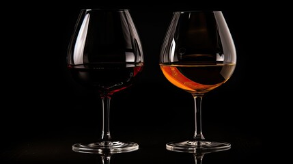 Glasses for wine and cognac with black bottom and glass