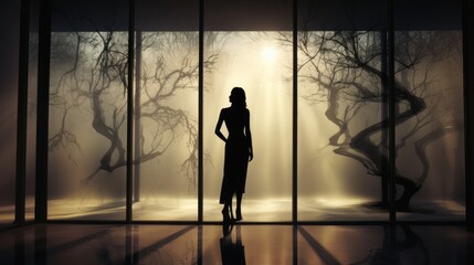 Fototapeta na wymiar Outline of a thin girl seen through frosty interior glass