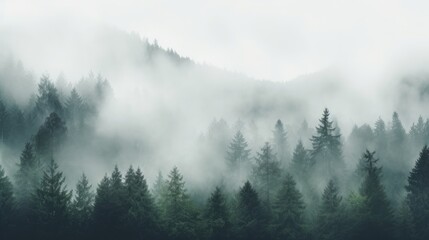 Thick white fog and heavy rain cloak the forest Tree shapes disappear in the mist amid grain and texture of clouds