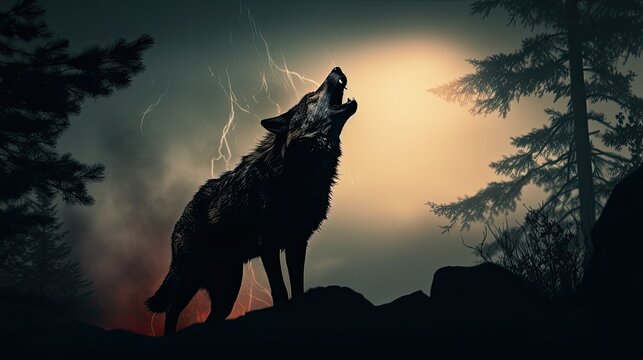 Halloween themed art of wolf silhouette against foggy background