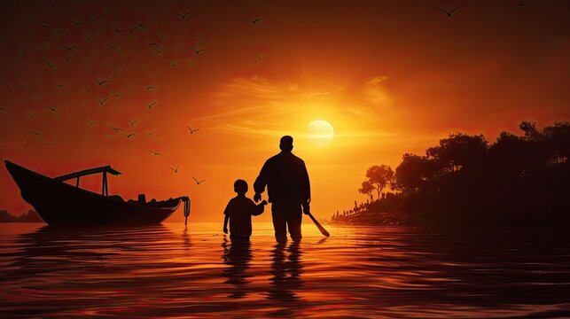 Blurry and noisy silhouette image of father and son on a wooden boat