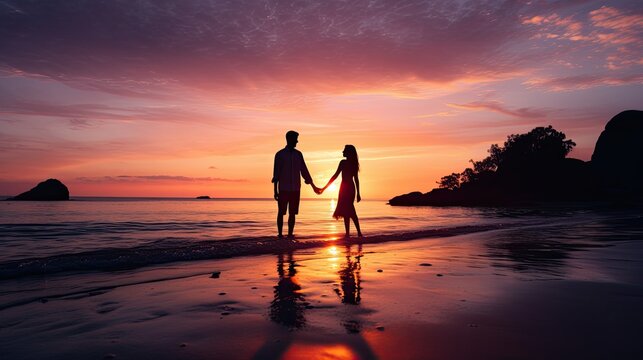 Couple s silhouette at sunrise holding hands on shore displaying love and romance