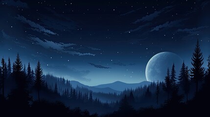 Moon shining above dark forest silhouette serene outdoor night scene