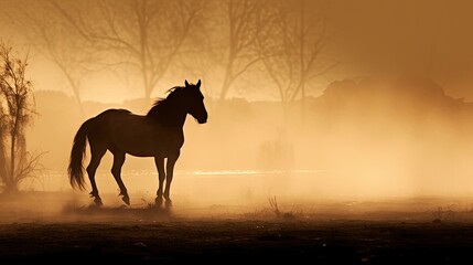 Sepia toned foggy sunrise with horse silhouette