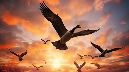 Birds of freedom wildlife geese flock in the sky - obrazy, fototapety, plakaty