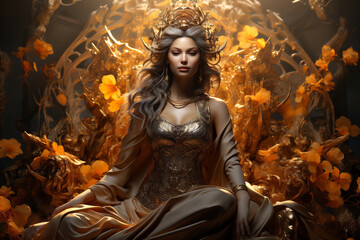 Beautiful woman Golden Tara on golden background. AI Generative - obrazy, fototapety, plakaty