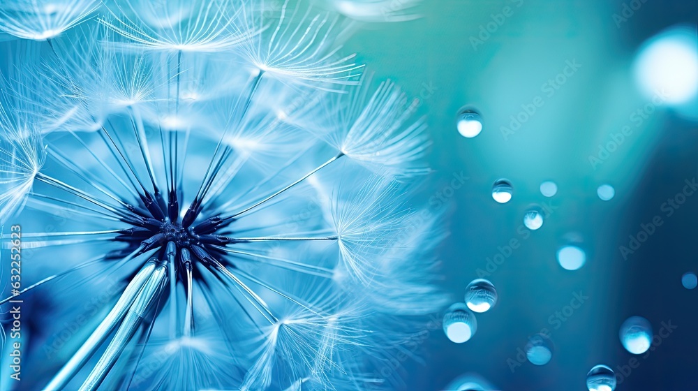 Poster macro image of a dandelion seed with a water drop on it set against a vivid blue and turquoise backd