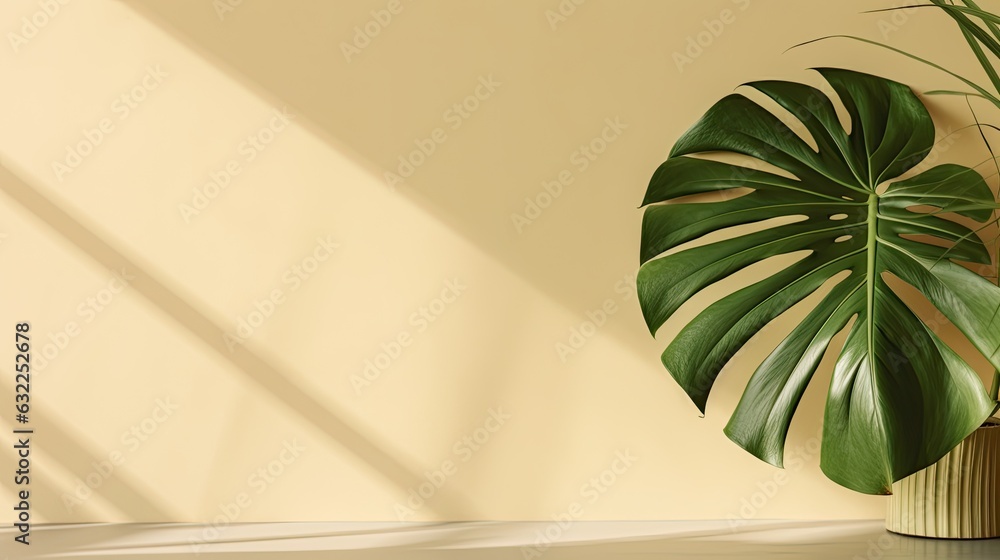 Poster minimal summer concept with monstera palm leaf and shadow on a white table against a beige wall back