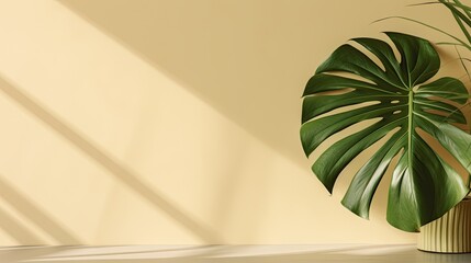 Minimal summer concept with monstera palm leaf and shadow on a white table against a beige wall background