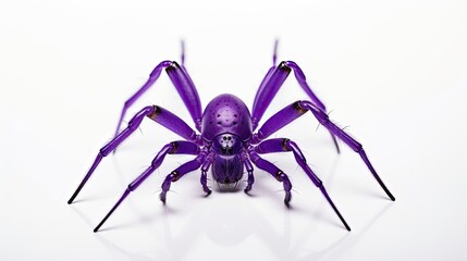 Close up macro shot of a blue violet spider with long legs giving a horror vibe isolated on a white background