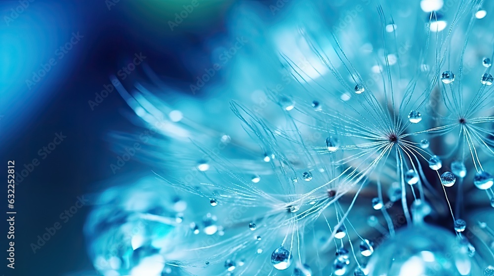 Poster macro image of a dandelion seed with a water drop on it set against a vivid blue and turquoise backd