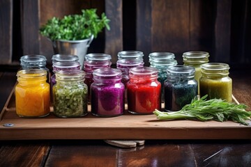 Fototapeta na wymiar jars of colorful chutney on rustic wooden table